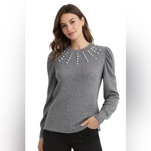 Design History Gray Ribbed Pearl Sweater Puff Sleeve Knit Feminine Chic Large